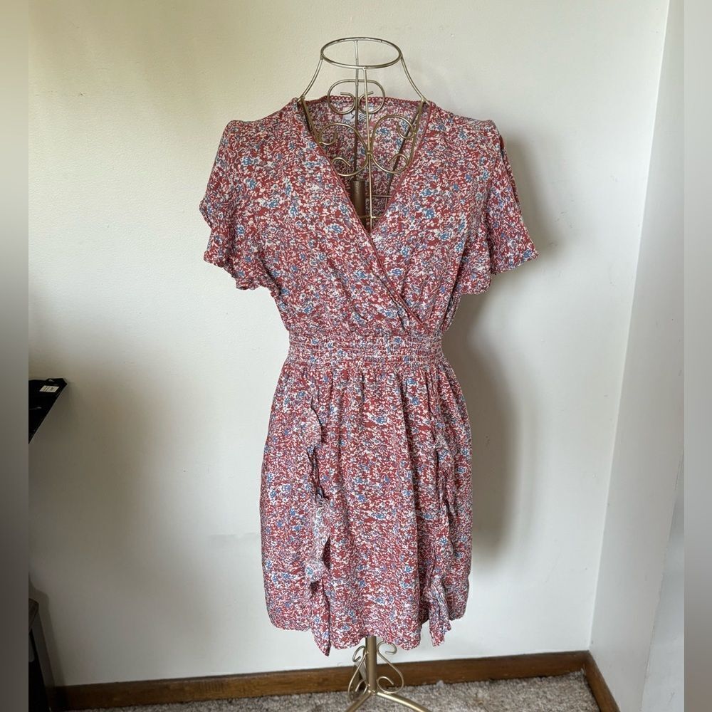 Japna Floral Wrap Dress V Neck Ruffle Detail Elastic Waist Size S Pink